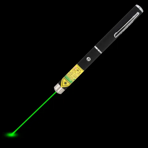 Green laser pen X1 with visible laser beam in the dark