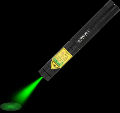 Green laser pointer G1 Pro with laser beam and light spot in the dark