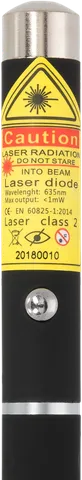 Red laser pen M1 – close-up of the warning label with the laser class