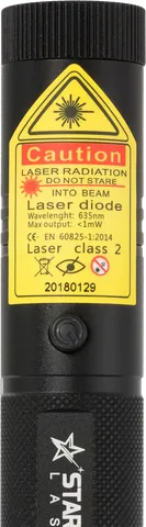 Red laser pointer R1 Pro – close-up of the warning label with the laser class